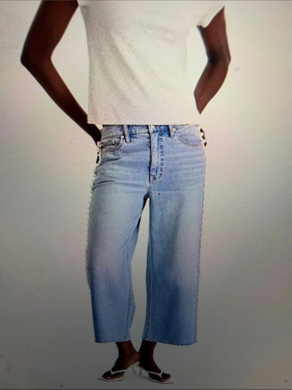 Light Blue Women's Cropped Jeans with Side Faux-Pearl-Trim